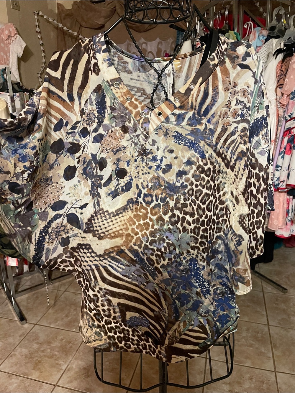 NY Collection Mixed Animal Print V-Neck Blouse in Brown and Blue
